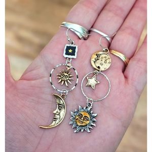 Gold and Silver Sun and Moon Dangle Earrings